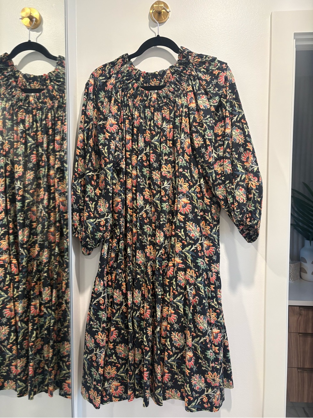 THE GREAT. Black Floral Midi Dress with Pink and Green Print